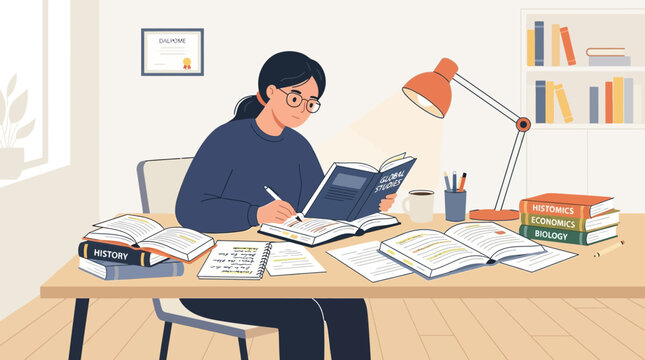 This flat design illustration depicts a diligent student deeply engrossed in studying, surrounded by textbooks and notes. 