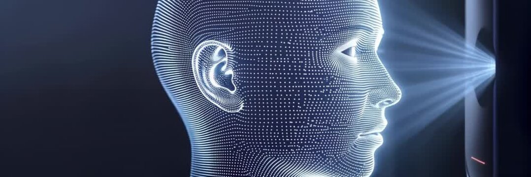 Facial recognition scanner verifies digital identity, biometric security concept with copy space website banner