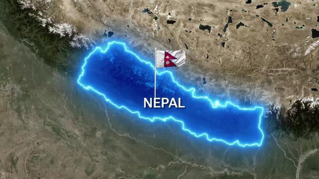 Nepal country map with glowing borders and waving flag motion animation