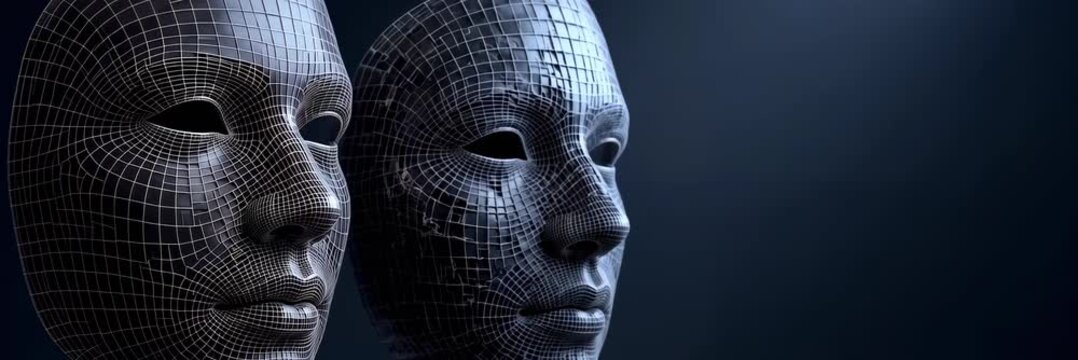 Two digital faces illustrate deepfake detection and synthetic identity security with copy space website banner