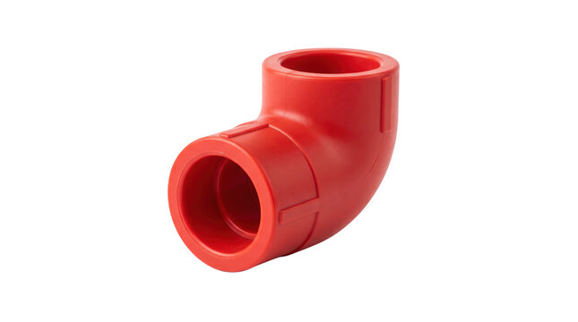 Red plastic pipe elbow fitting, industrial PVC plumbing connector, durable 90 degree pipe joint for water systems and construction