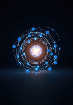A glowing atomic model shows blue electrons orbiting a bright nucleus on a dark background, representing scientific energy and structure, illustration, science, matter