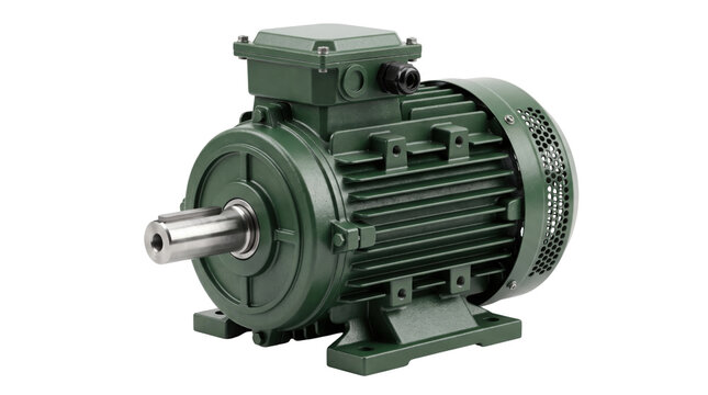 Industrial electric motor in dark green, high performance induction motor for manufacturing, heavy duty three-phase engine on white background