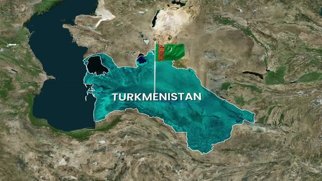 Turkmenistan map with waving flag in digital motion graphic animation