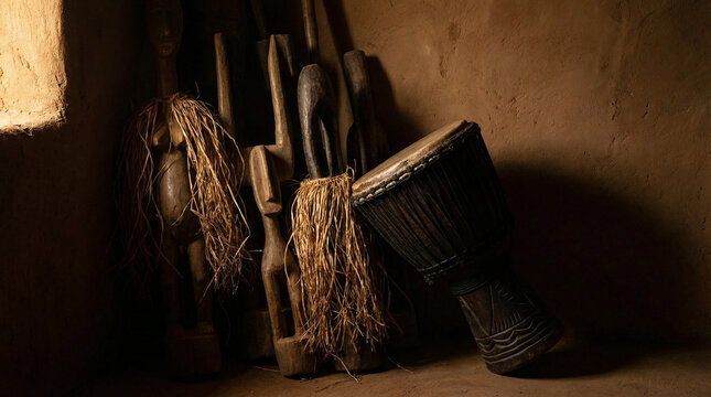Dramatic African Drums and Wooden Artifacts Still Life. Side-lit artistic composition of traditional djembe drum with carved wooden sculptures and raffia, deep shadows creating dramatic contrast
