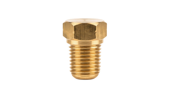 Brass hex head bolt on white background. Industrial gold metal screw fastener. Threaded brass machine bolt for plumbing and engineering.