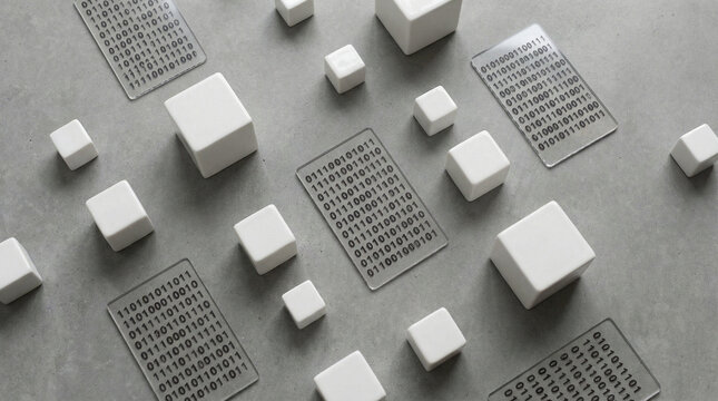 Minimalist Data Blocks and Binary Code Cards Flat Lay. Overhead view of white geometric cubes and transparent cards with binary patterns on clean gray surface, soft shadows