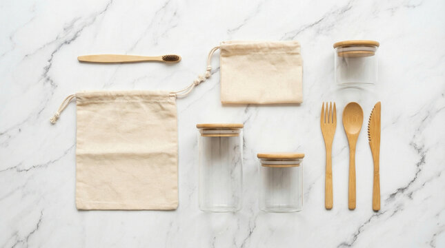 Eco Products Flat Lay Bamboo Reusable Items Zero Waste. Overhead minimalist arrangement of sustainable products on white marble: bamboo toothbrush, cotton bags, glass containers, wooden utensils