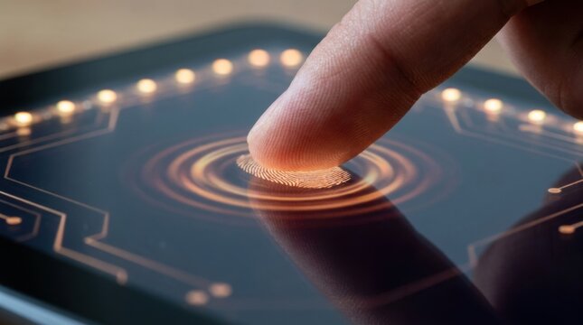 Index Finger Touching Interactive Panel with Glowing Orange Rings