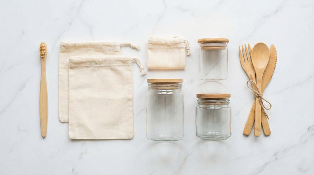 Eco Products Flat Lay Bamboo Reusable Items Zero Waste. Overhead minimalist arrangement of sustainable products on white marble: bamboo toothbrush, cotton bags, glass containers, wooden utensils