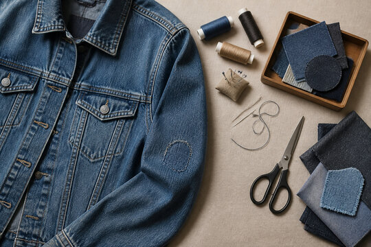 Clothing Repair Kit Beside Denim Jacket