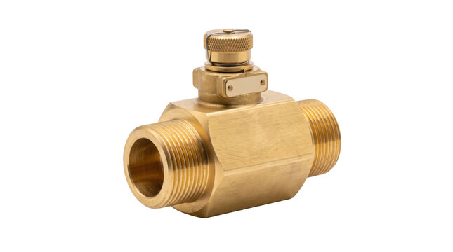 Industrial brass ball valve, heavy duty plumbing pipe fitting, metallic gold hardware component for water and gas systems