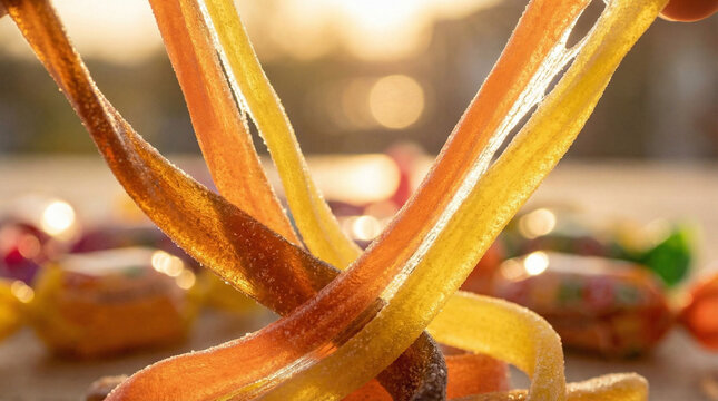 Stretchy Colorful Gummy Candy Texture Close-Up Detail. Warm macro shot of translucent gummy candies being stretched, showing elastic texture with golden backlight and soft bokeh