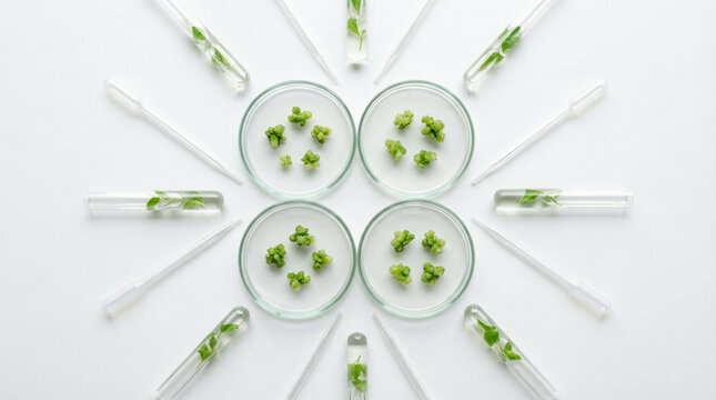 Minimalist Biotech Lab Tools on White Surface. Overhead flat lay of petri dishes with green plant tissue samples, pipettes and test tubes arranged symmetrically on clean white background