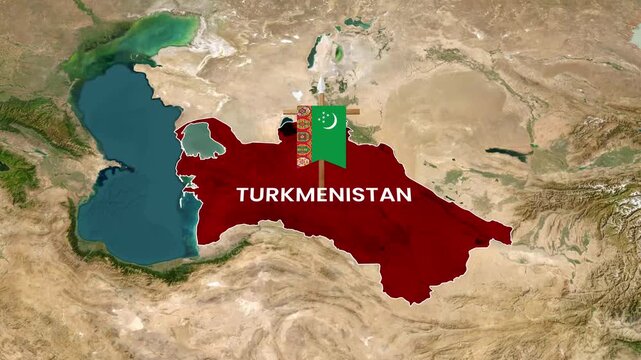 Turkmenistan map with national flag animation in motion country footage