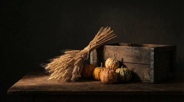 Dramatic Harvest Still Life with Wheat and Gourds. Moody side-lit composition featuring dried wheat sheaves, ornamental gourds, and vintage wooden crate against dark backdrop, chiaroscuro lighting