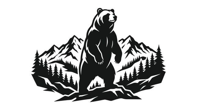 Majestic grizzly bear standing tall in a wild mountain landscape vector illustration for brand identity design