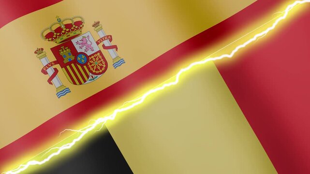 Two waving flags Spain and Belgium with diagonal lightning seamless, 4k loop
