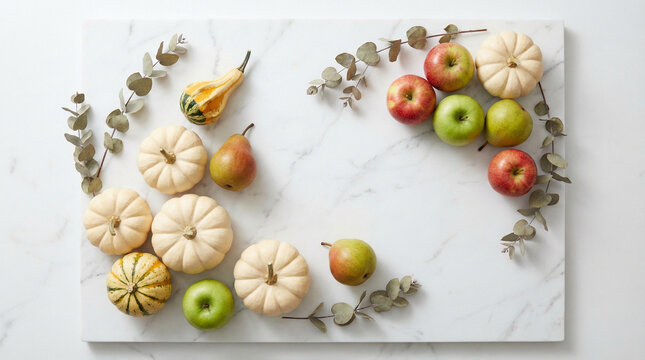 Autumn Harvest Flat Lay with Squash and Gourds Collection. Minimalist overhead arrangement of assorted fall produce on white marble surface, clean styling, soft natural shadows, modern aesthetic