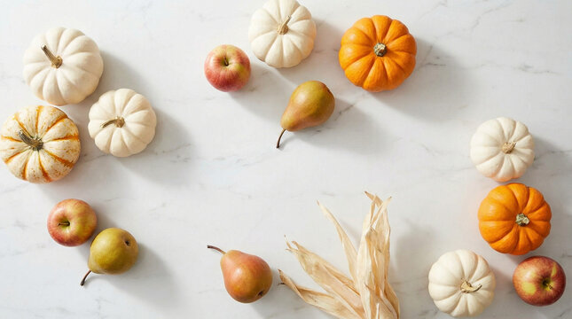 Autumn Harvest Flat Lay with Squash and Gourds Collection. Minimalist overhead arrangement of assorted fall produce on white marble surface, clean styling, soft natural shadows, modern aesthetic