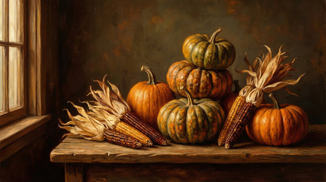Dramatic Autumn Still Life with Heirloom Pumpkins. Moody side-lit composition featuring stacked heirloom pumpkins and dried corn, deep shadows, rich warm tones, painterly quality