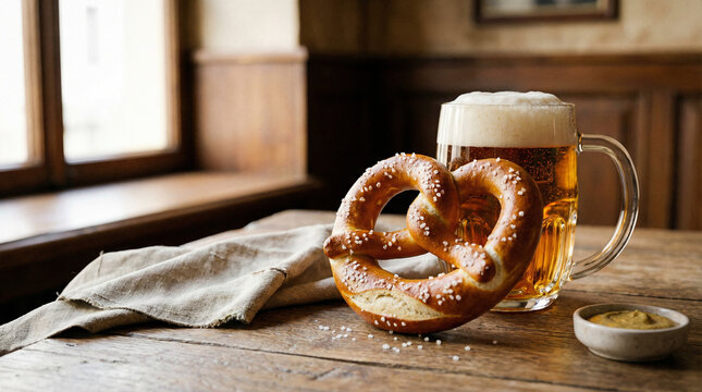 Traditional Bavarian Pretzel with Craft Beer Glass Close-Up. Warm golden pretzel with coarse salt crystals beside amber beer in traditional glass, soft natural light, rustic wooden table