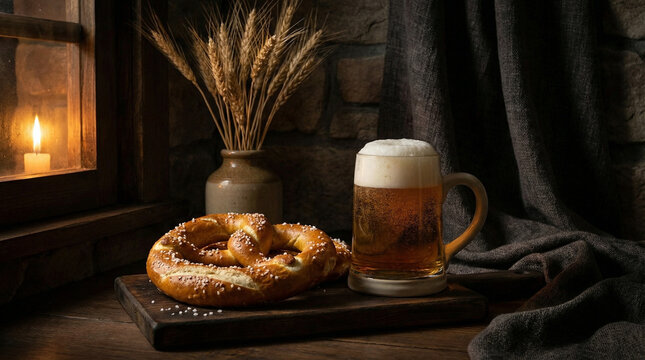 Dramatic Still Life Oktoberfest Beer and Pretzel Arrangement. Artistic side-lit composition featuring golden pretzel and foamy beer stein against dark moody background with wheat stalks