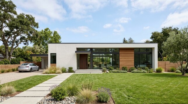 A modern, minimalist house with a white exterior and large glass windows, set against a backdrop of green trees and a clear blue sky.