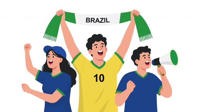 Animated Brazilian football fans celebrating victory with Brazil national colors, cheering supporters, fan scarf, soccer championship energy, team spirit and festive sports atmosphere, soccer fans