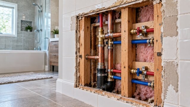 Exposed complex plumbing system with pex and copper pipes inside bathroom wall during renovation.