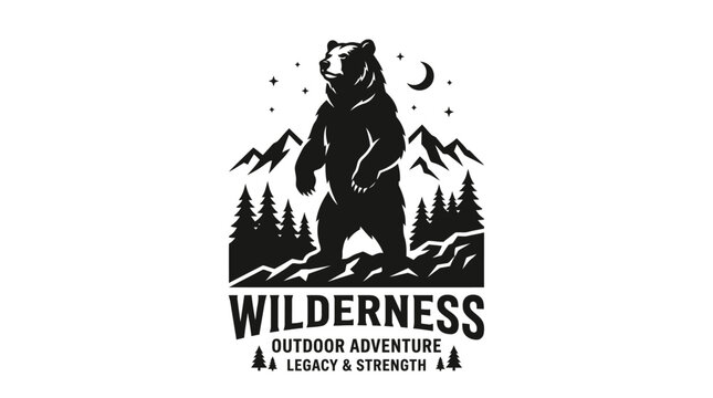 Grizzly bear silhouette standing within mountain forest scenery for outdoor adventure emblem vector graphic design illustration