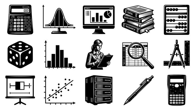 Black  White Line Art Data Analysis and Statistical Vector Icons Set for Business and Research