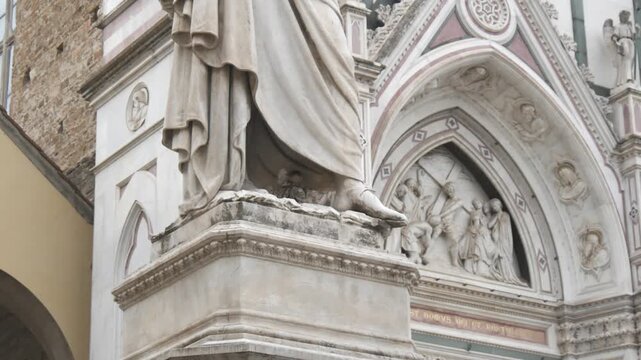 Dante Alighieri Statue in Front of Santa Croce Basilica Church in Florence Italy - Historical Marble Monument Portrait