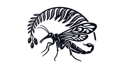 Fototapeta premium Stylized scorpion fly insect silhouette combined with intricate fern leaves in a modern dark vector illustration