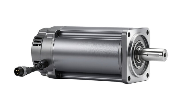 Industrial electric servo motor with metallic finish. High-performance brushless motor for automation. Precision rotary actuator for robotics.