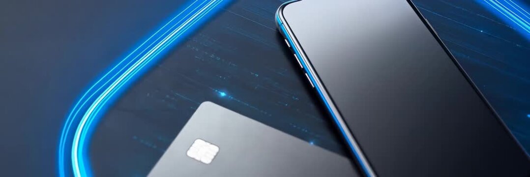 Smartphone and payment card on digital platform, mobile banking and fintech security with copy space website banner