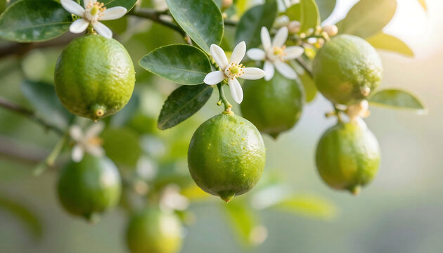 Close up of young kumquats growing on a branch with blossoms and green leaves