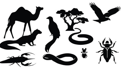 Obraz premium Desert animal silhouettes including a camel, flying eagle, snake, scorpion, and beetle are isolated together over a pure white background.