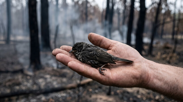 Heartbreaking scene of a small dead bird covered in ash held in a hand after a devastating forest wildfire with charred trees in background.
