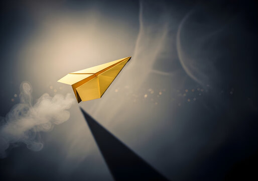 Golden paper airplane flying through clouds