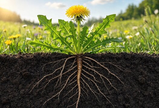 Closeup dandelion plant showing deep roots underground, symbolizing growth, resilience, strength, survival, natural adaptation, sustainability, nourishment, and connection with nature.