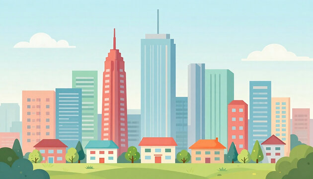 Colorful cartoon cityscape with tall skyscrapers and charming houses in foreground