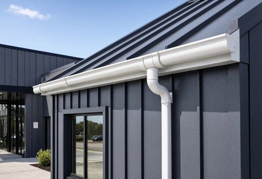 Modern commercial building exterior with white seamless rain gutters and downspouts against charcoal metal wall panels under clear blue sky, showcasing architectural geometry and drainage.