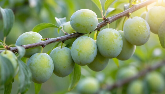 Abundant green plums hanging from branches bathed in sunlight