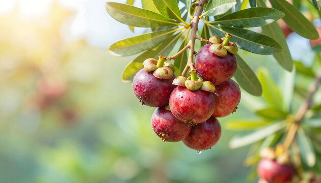 Close up of a cashew apple cluster hanging from a branch in natural light