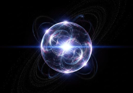 A luminous energy sphere glows intensely amidst swirling cosmic particles on a deep black background, creating a vibrant digital artwork, illustration, orb, plasma