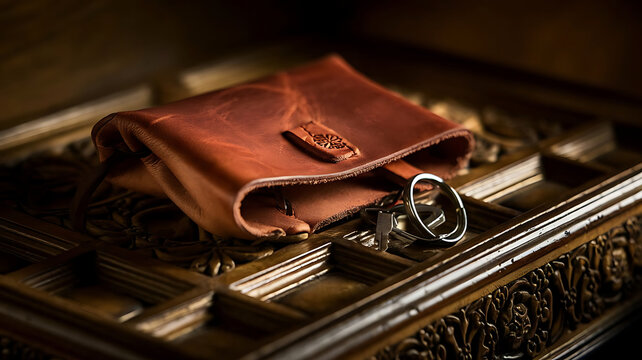 Rustic leather wallet and antique keys on wooden surface vintage aesthetic