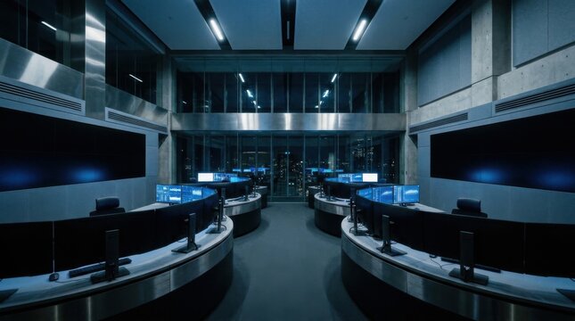 Modern Network Operations Command Center with Rows of Workstations