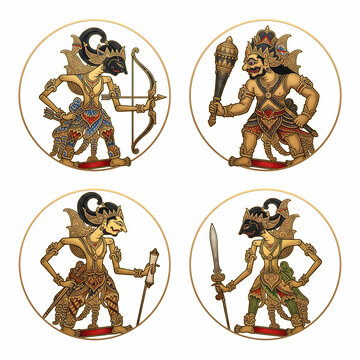 Traditional Indonesian Wayang Kulit Shadow Puppet Characters Set in Circular Frame Vector Illustration