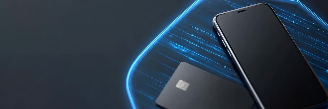 Smartphone and payment card on digital platform, mobile banking and fintech security with copy space website banner